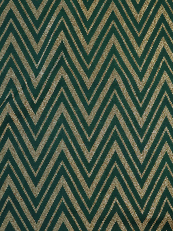 Banarasee Semi Kayam Antique Zari Zig Zag Pattern Fabric-Deep Green