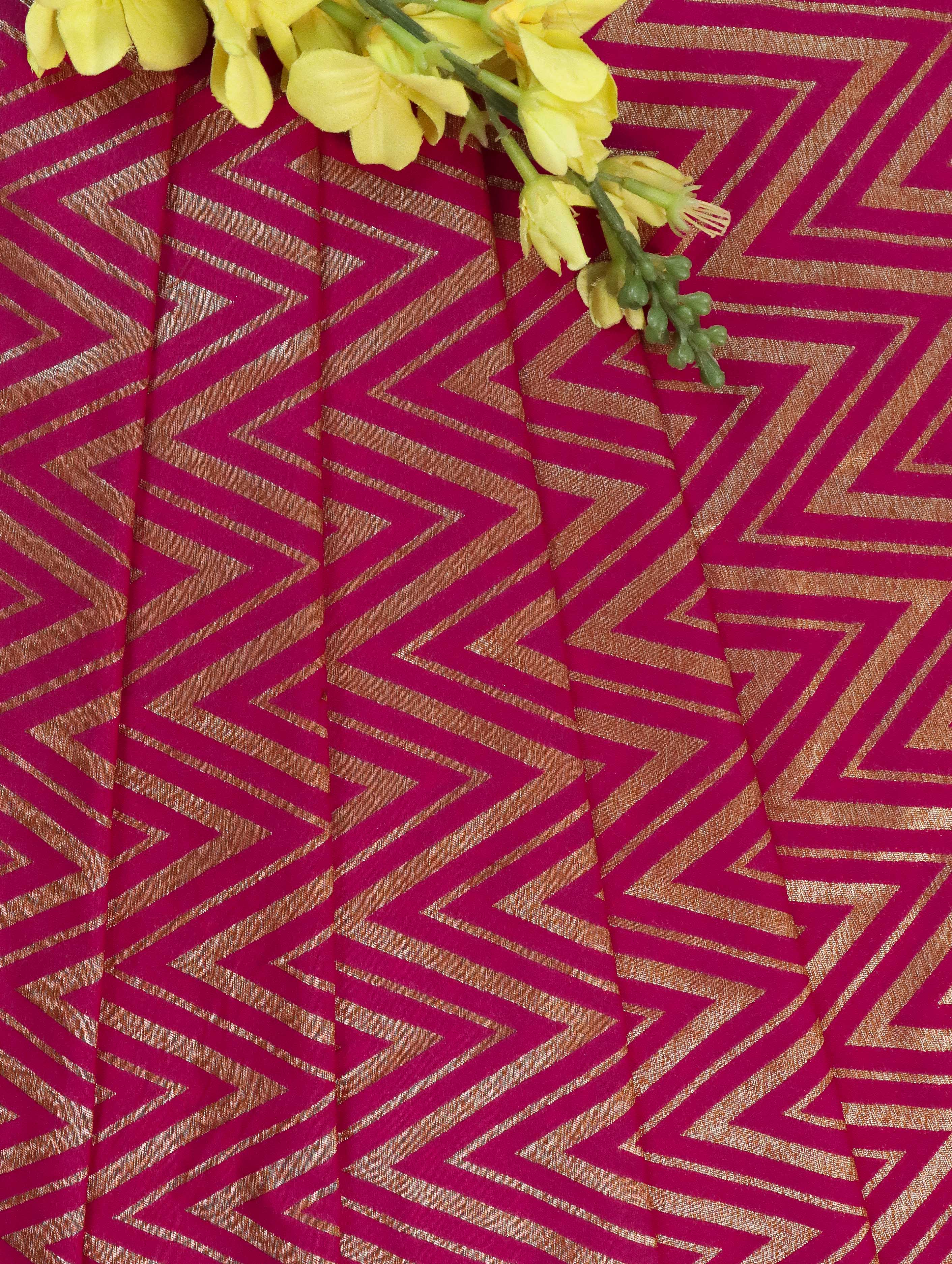 Banarasee Semi Kayam Antique Zari Zig Zag Pattern Fabric-Hot Pink