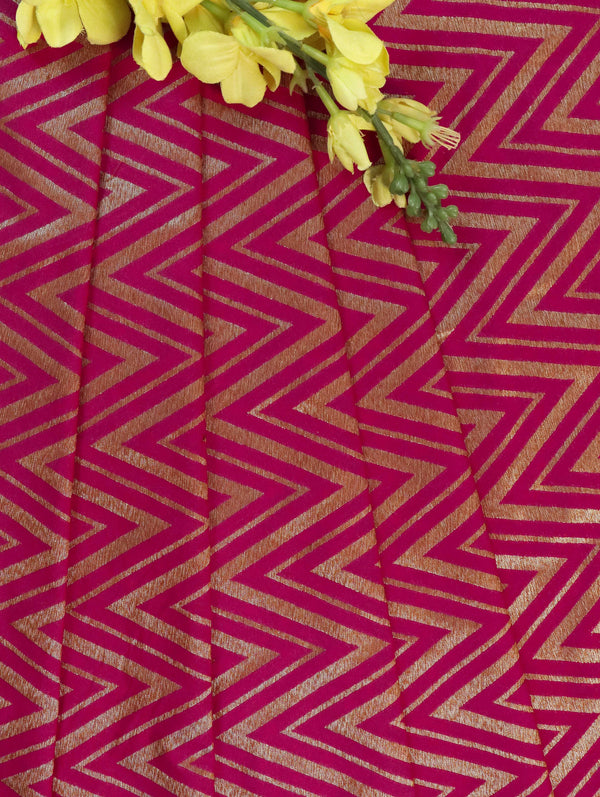 Banarasee Semi Kayam Antique Zari Zig Zag Pattern Fabric-Hot Pink