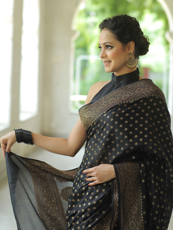 Banarasee Semi-Chiffon Saree With Antique Gold Zari Work-Black