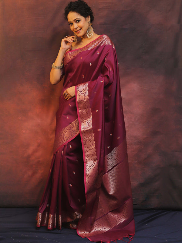 Banarasee Handwoven Semi Silk Saree With Zari Buti Design-Purple (Dual Tone)