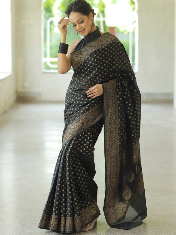 Banarasee Semi-Chiffon Saree With Antique Gold Zari Work-Black