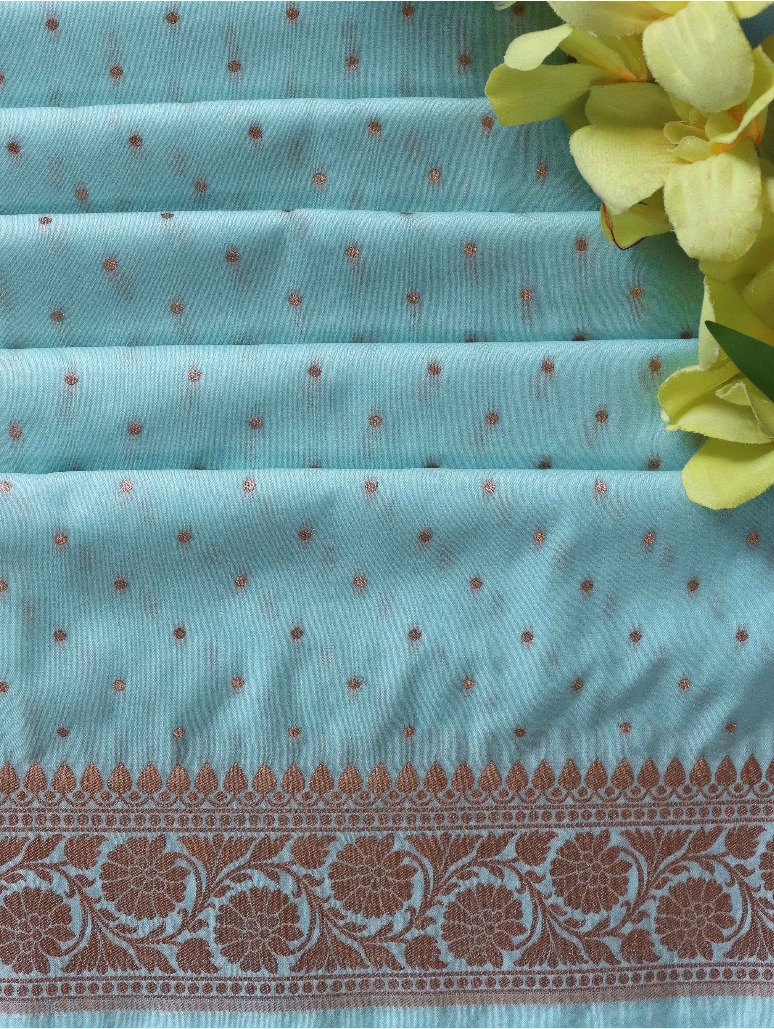 Banarasee Semi Katan Silk Antique Zari Buti Fabric-Pastel Blue