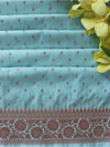Banarasee Semi Katan Silk Antique Zari Buti Fabric-Pastel Blue