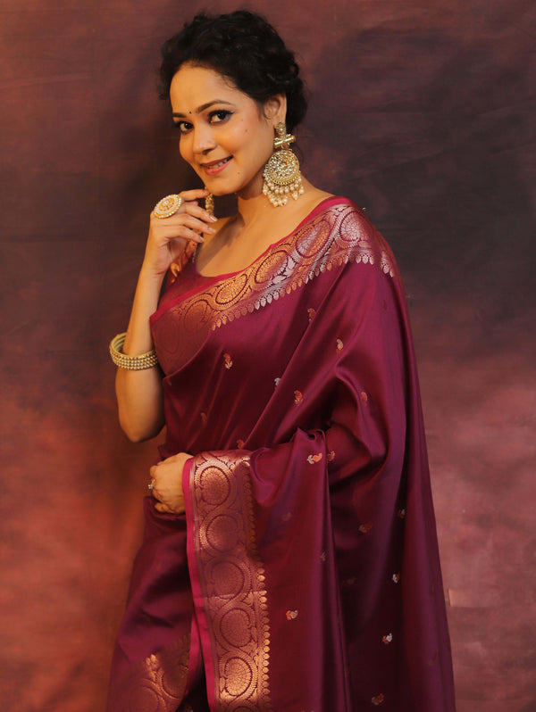Banarasee Handwoven Semi Silk Saree With Zari Buti Design-Purple (Dual Tone)