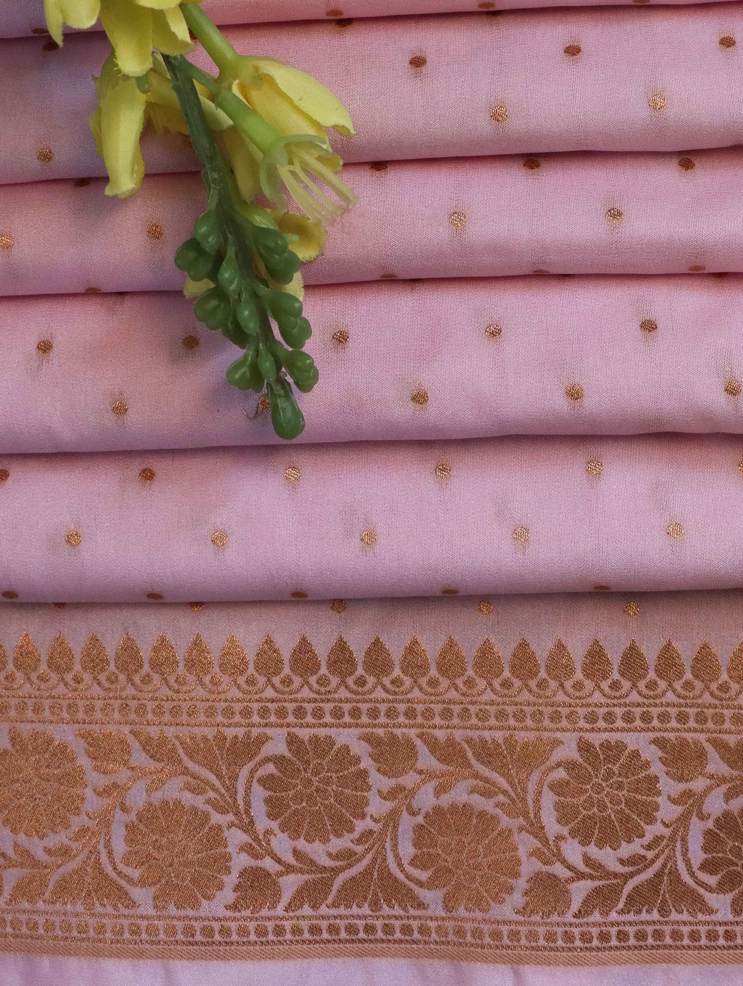 Banarasee Semi Katan Silk Antique Zari Buti Fabric-Pastel Pink