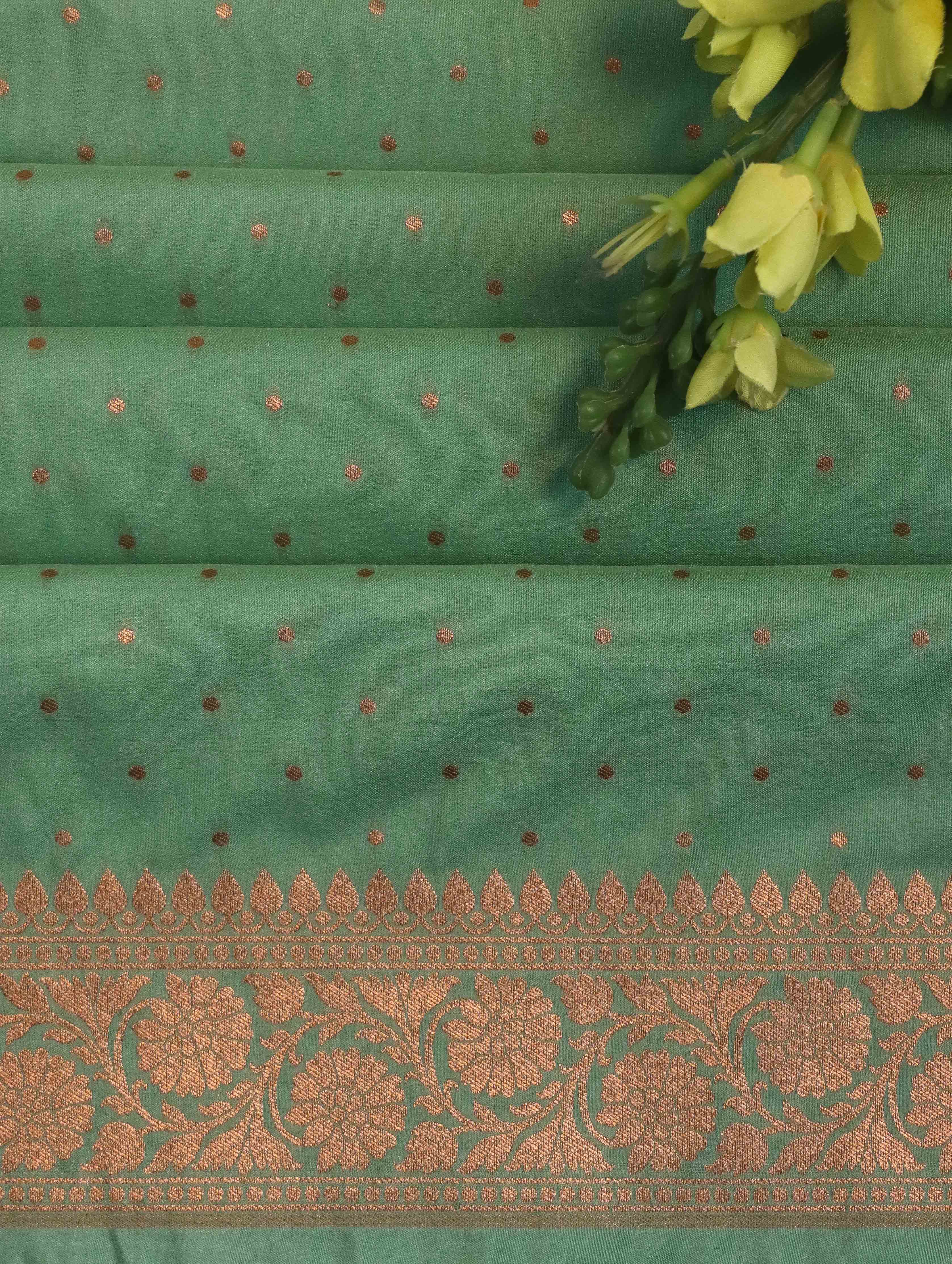 Banarasee Semi Katan Silk Antique Zari Buti Fabric-Pastel Green