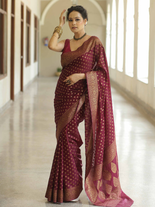 Banarasee Semi-Chiffon Saree With Antique Gold Zari Work-Maroon