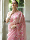 Banarasee Pure Organza Silk Saree With Floral Resham Embroidery-Pink
