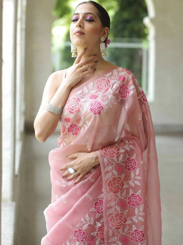 Banarasee Pure Organza Silk Saree With Floral Resham Embroidery-Pink