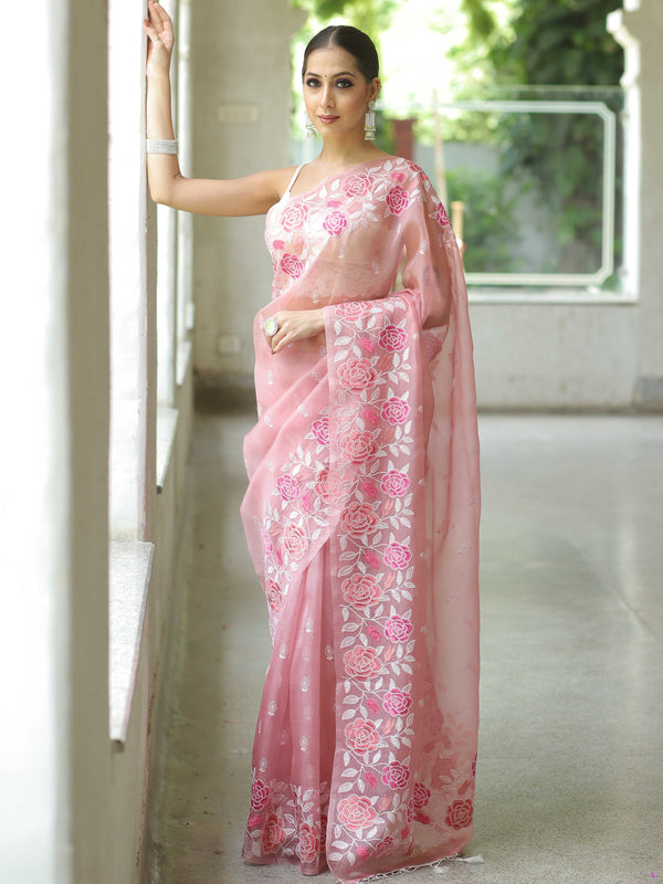 Banarasee Pure Organza Silk Saree With Floral Resham Embroidery-Pink