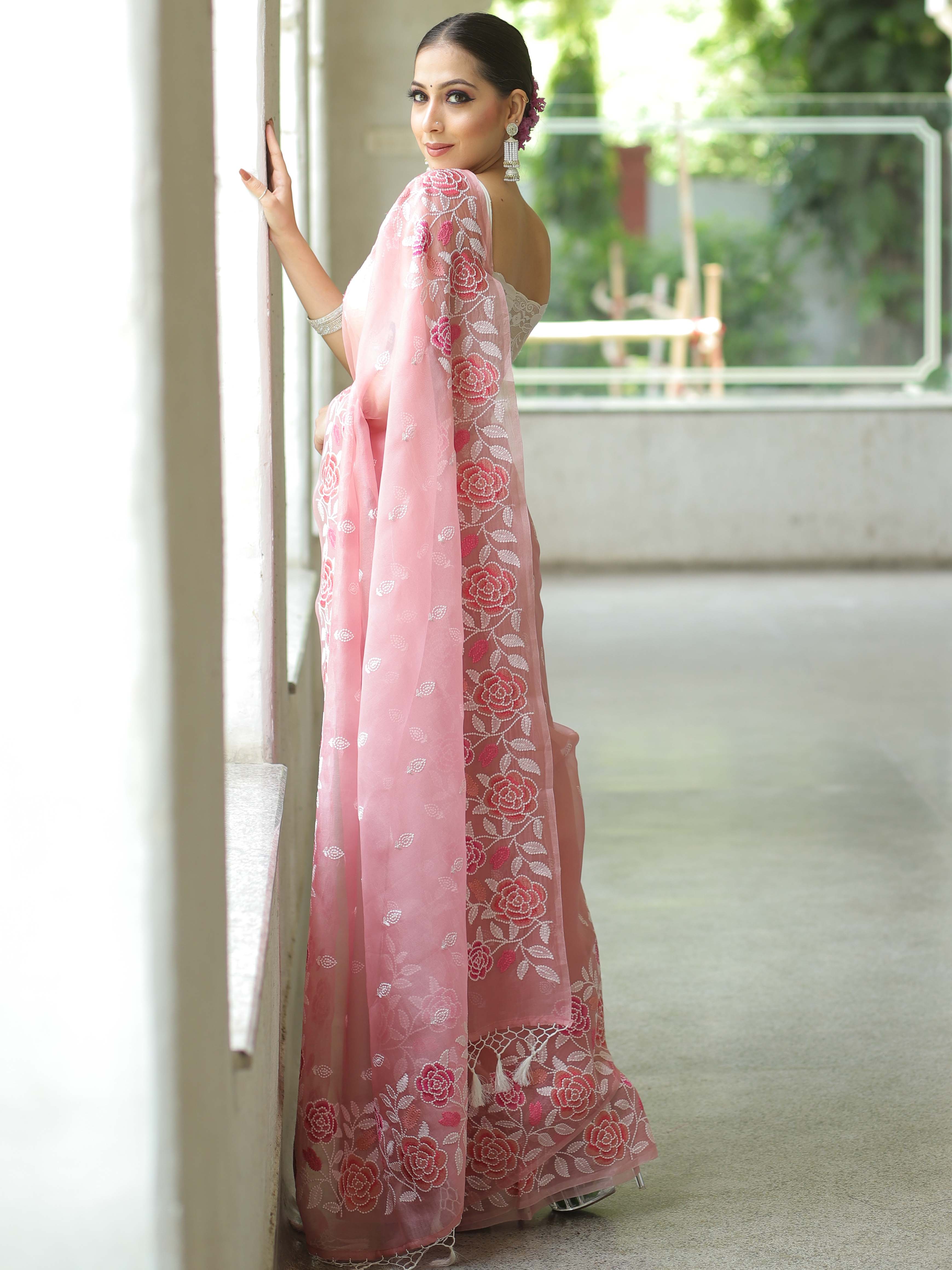 Banarasee Pure Organza Silk Saree With Floral Resham Embroidery-Pink