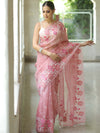 Banarasee Pure Organza Silk Saree With Floral Resham Embroidery-Pink