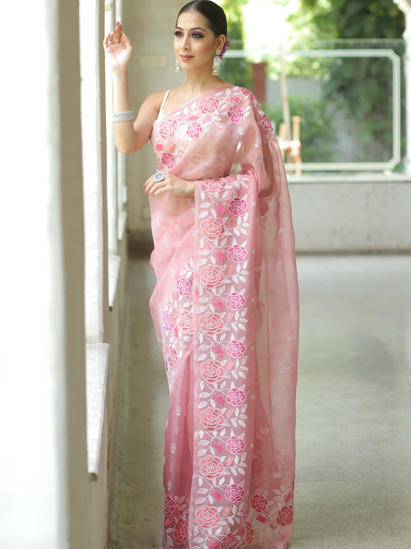 Banarasee Pure Organza Silk Saree With Floral Resham Embroidery-Pink