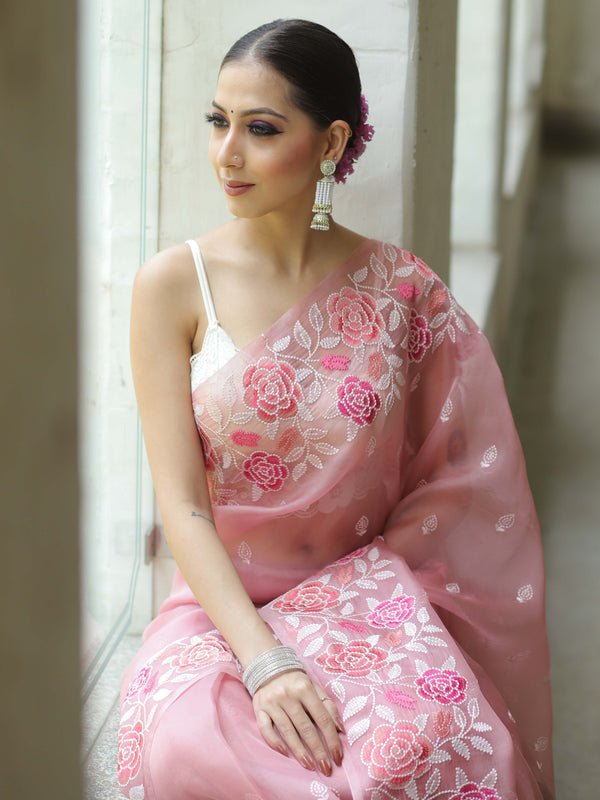 Banarasee Pure Organza Silk Saree With Floral Resham Embroidery-Pink