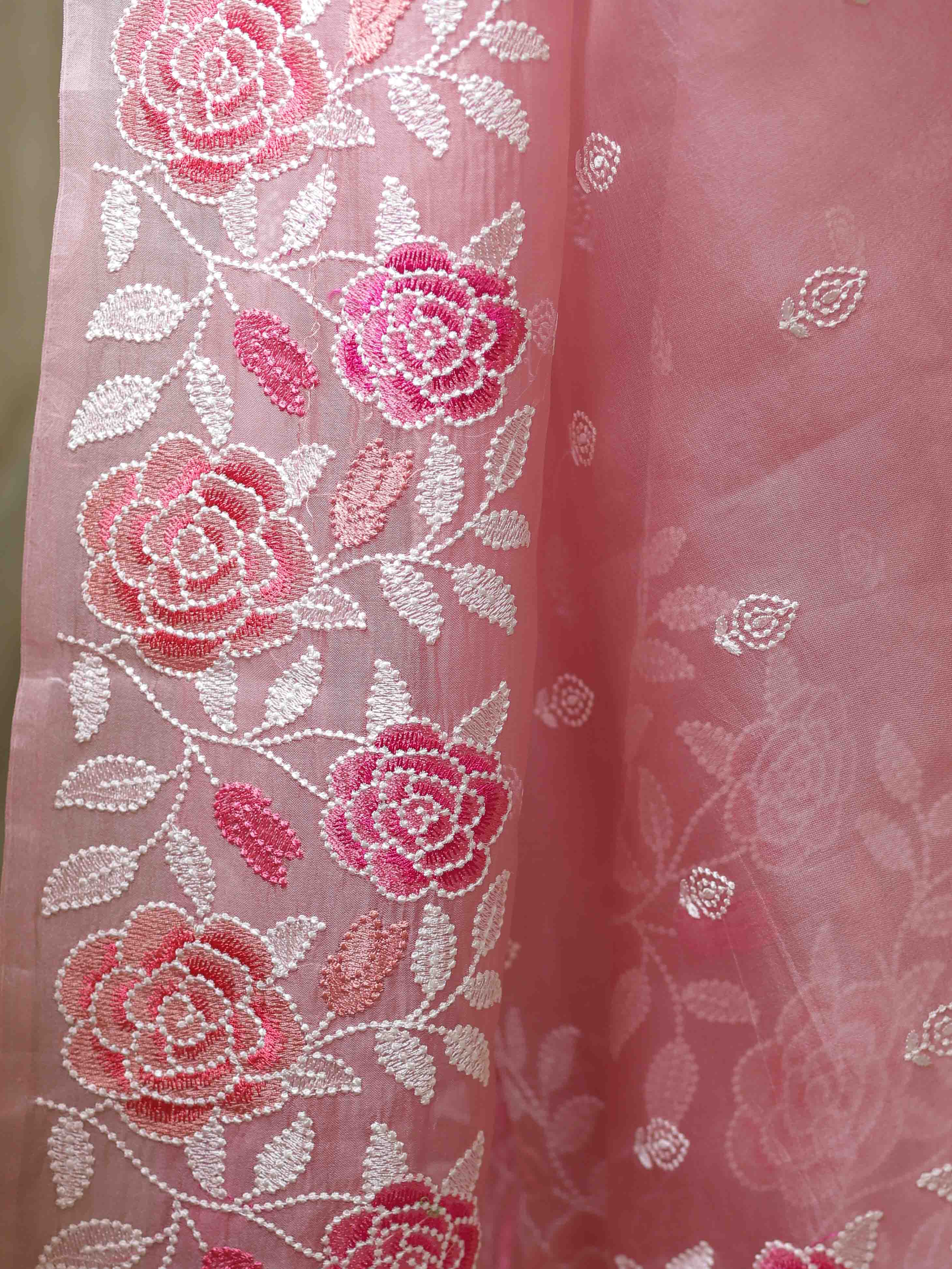 Banarasee Pure Organza Silk Saree With Floral Resham Embroidery-Pink