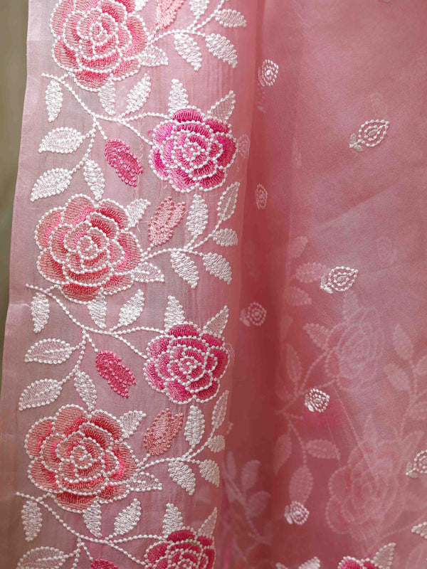 Banarasee Pure Organza Silk Saree With Floral Resham Embroidery-Pink