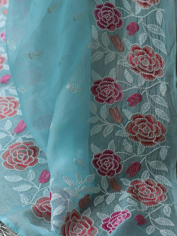 Banarasee Pure Organza Silk Saree With Floral Resham Embroidery-Light Blue