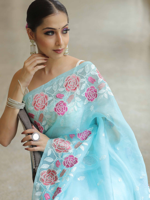 Banarasee Pure Organza Silk Saree With Floral Resham Embroidery-Light Blue