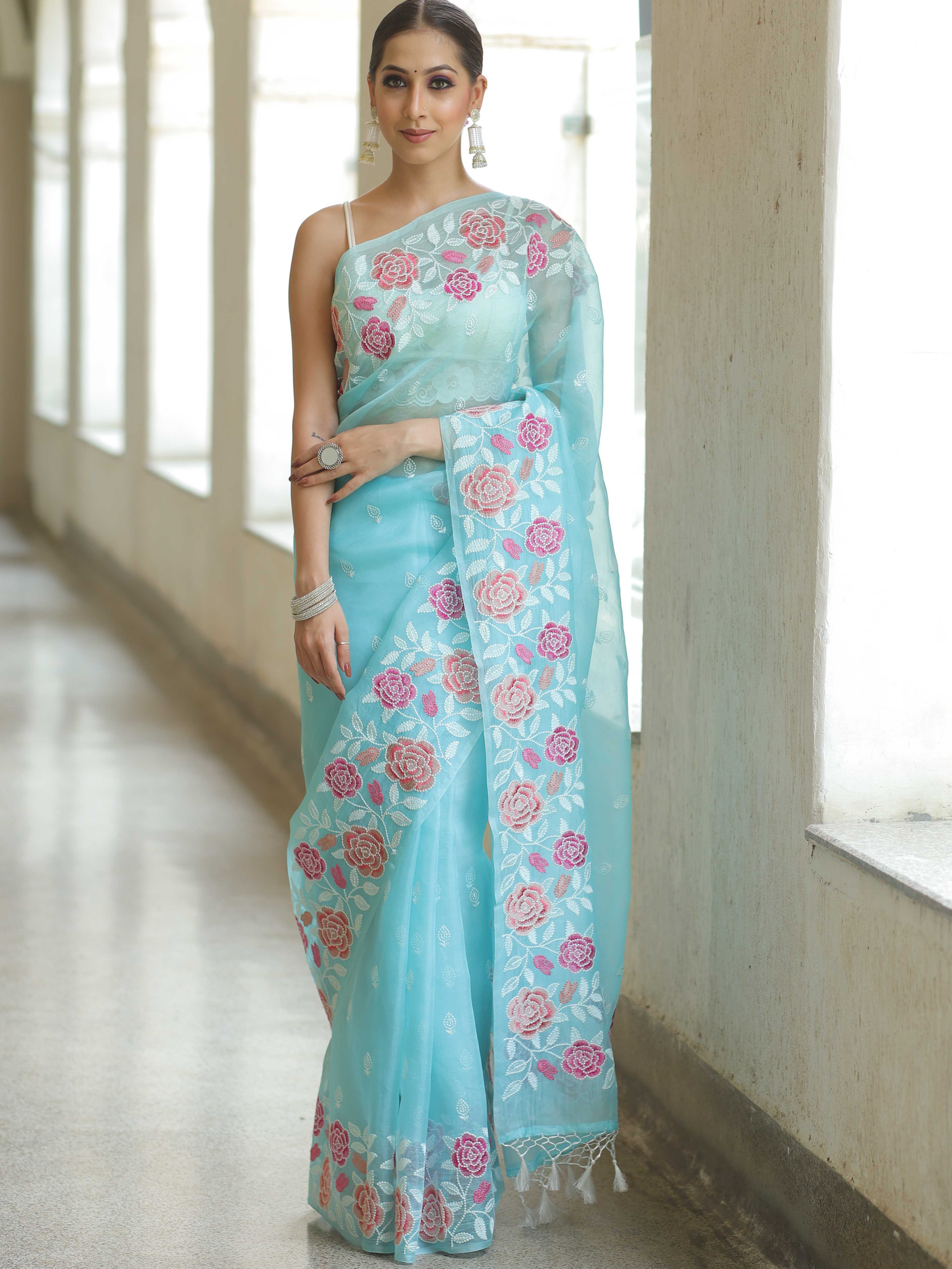 Banarasee Pure Organza Silk Saree With Floral Resham Embroidery-Light Blue