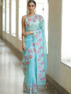 Banarasee Pure Organza Silk Saree With Floral Resham Embroidery-Light Blue