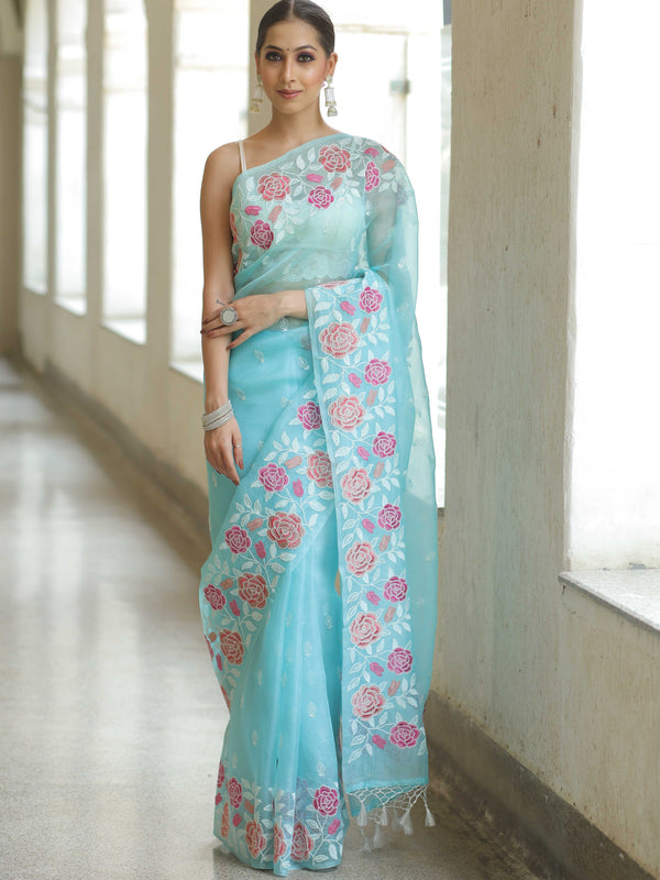 Banarasee Pure Organza Silk Saree With Floral Resham Embroidery-Light Blue