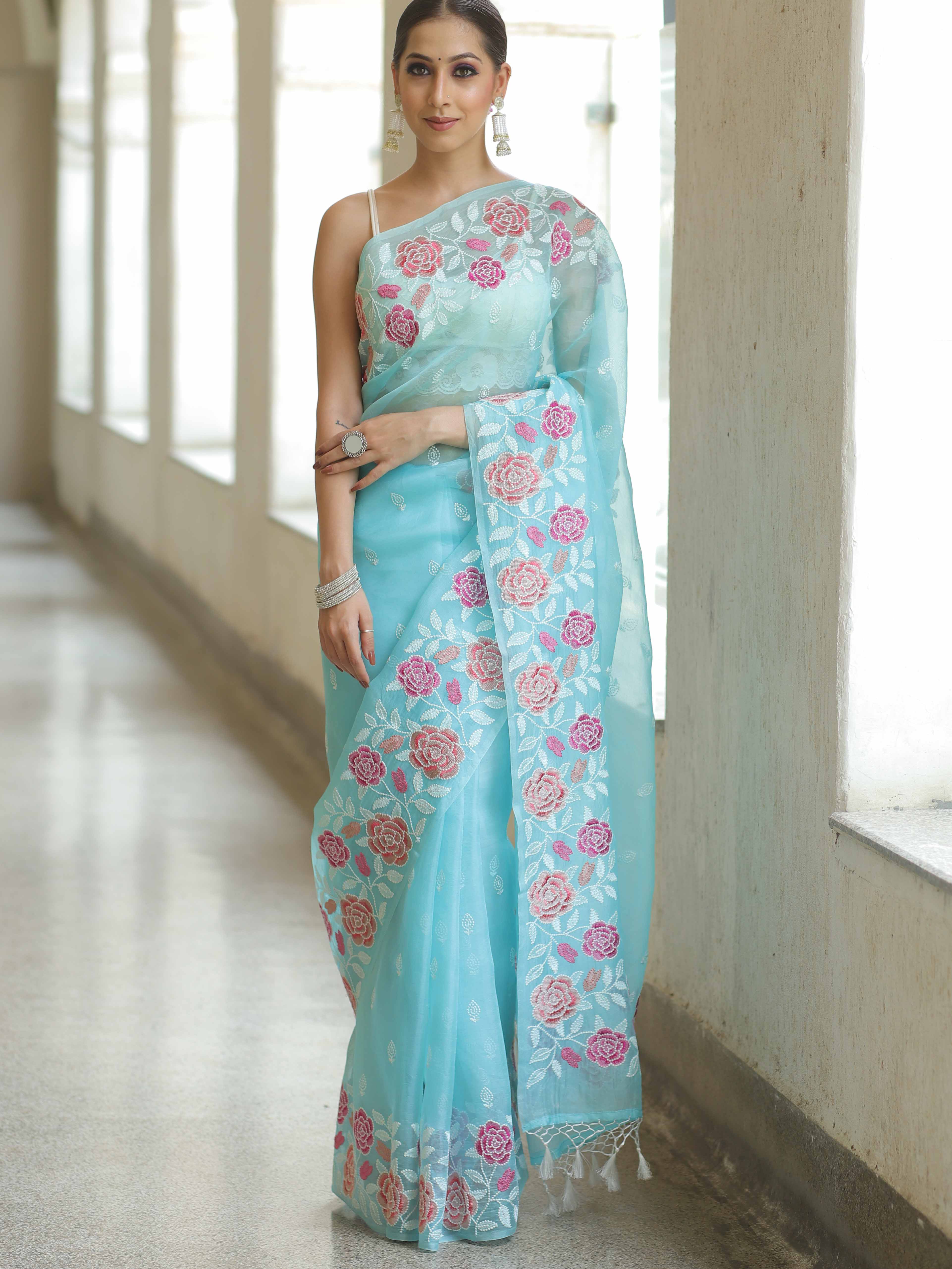 Banarasee Pure Organza Silk Saree With Floral Resham Embroidery-Light Blue