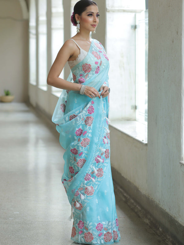 Banarasee Pure Organza Silk Saree With Floral Resham Embroidery-Light Blue