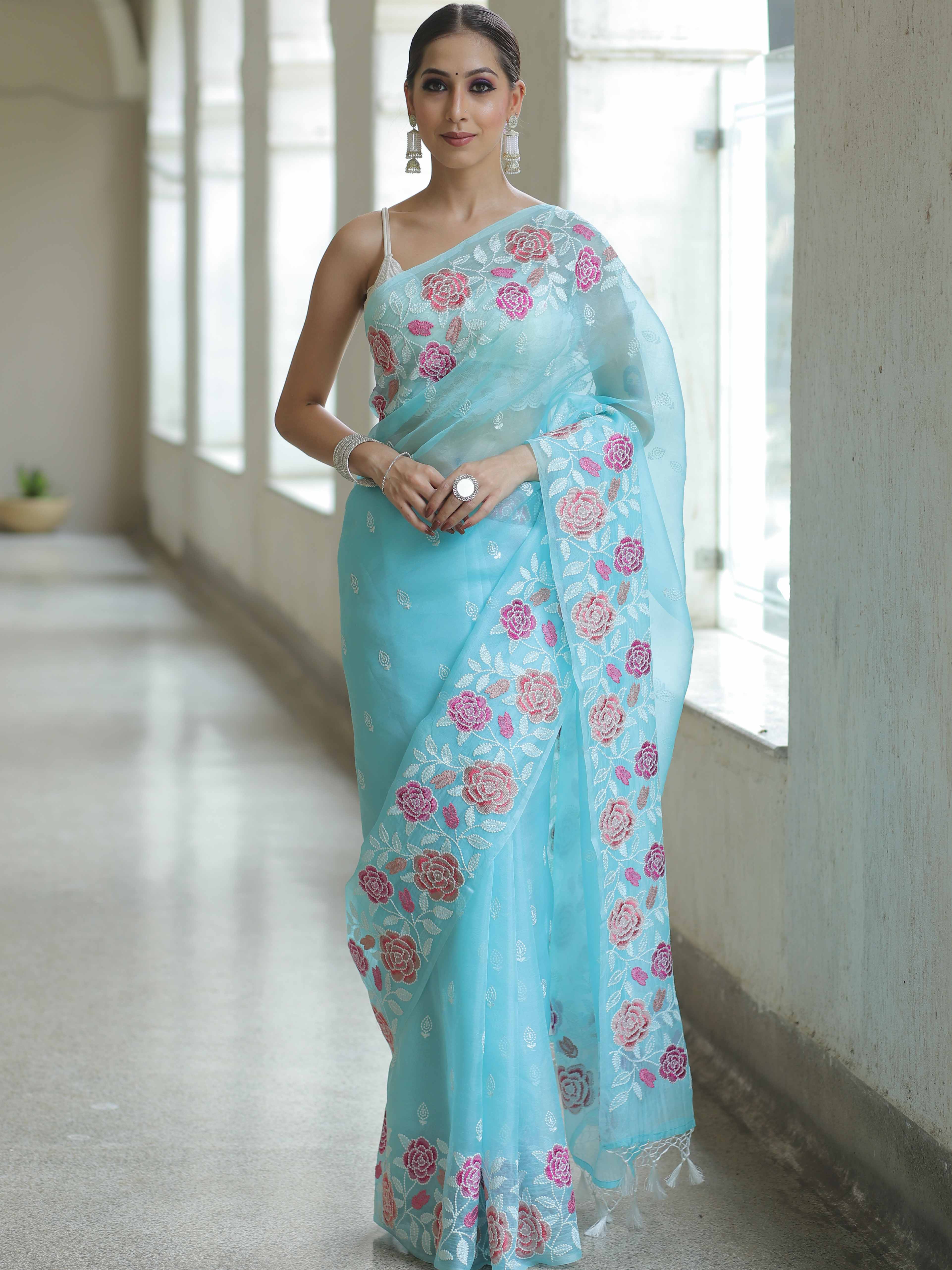 Banarasee Pure Organza Silk Saree With Floral Resham Embroidery-Light Blue