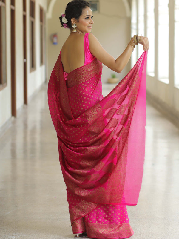Banarasee Semi-Chiffon Saree With Antique Gold Zari Work-Pink