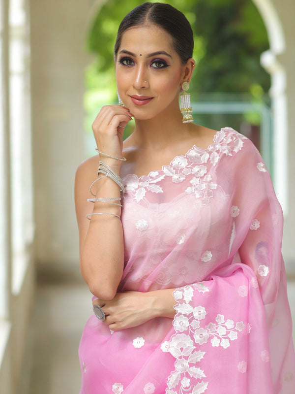 Banarasee Pure Organza Silk Saree With Floral Resham Embroidery-Lavender