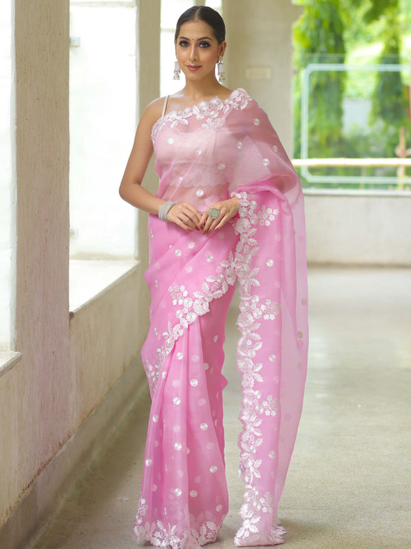 Banarasee Pure Organza Silk Saree With Floral Resham Embroidery-Lavender