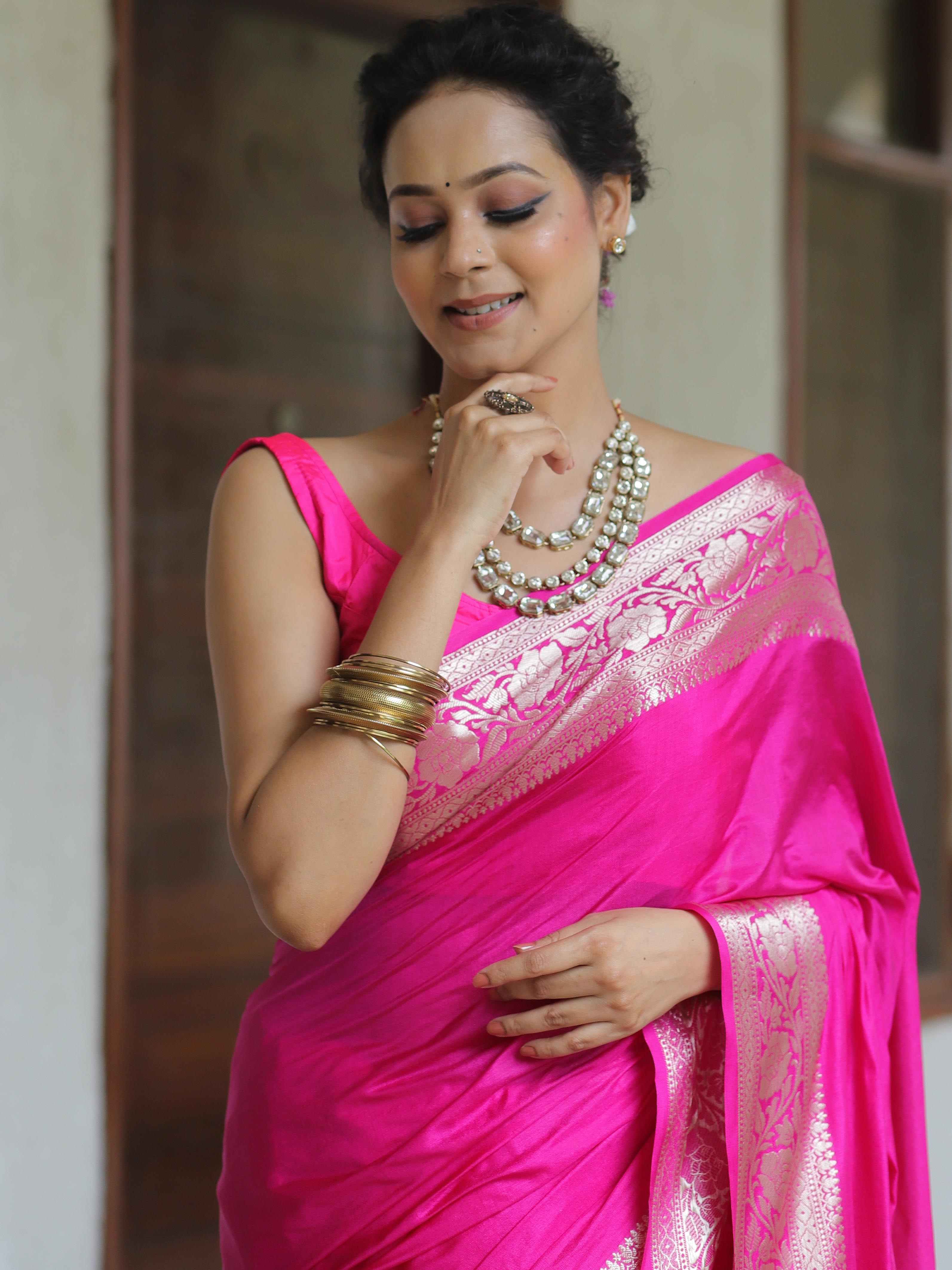Banarasee Handwoven Semi Silk Saree With Silver Zari Border-Pink