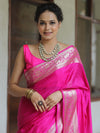 Banarasee Handwoven Semi Silk Saree With Silver Zari Border-Pink