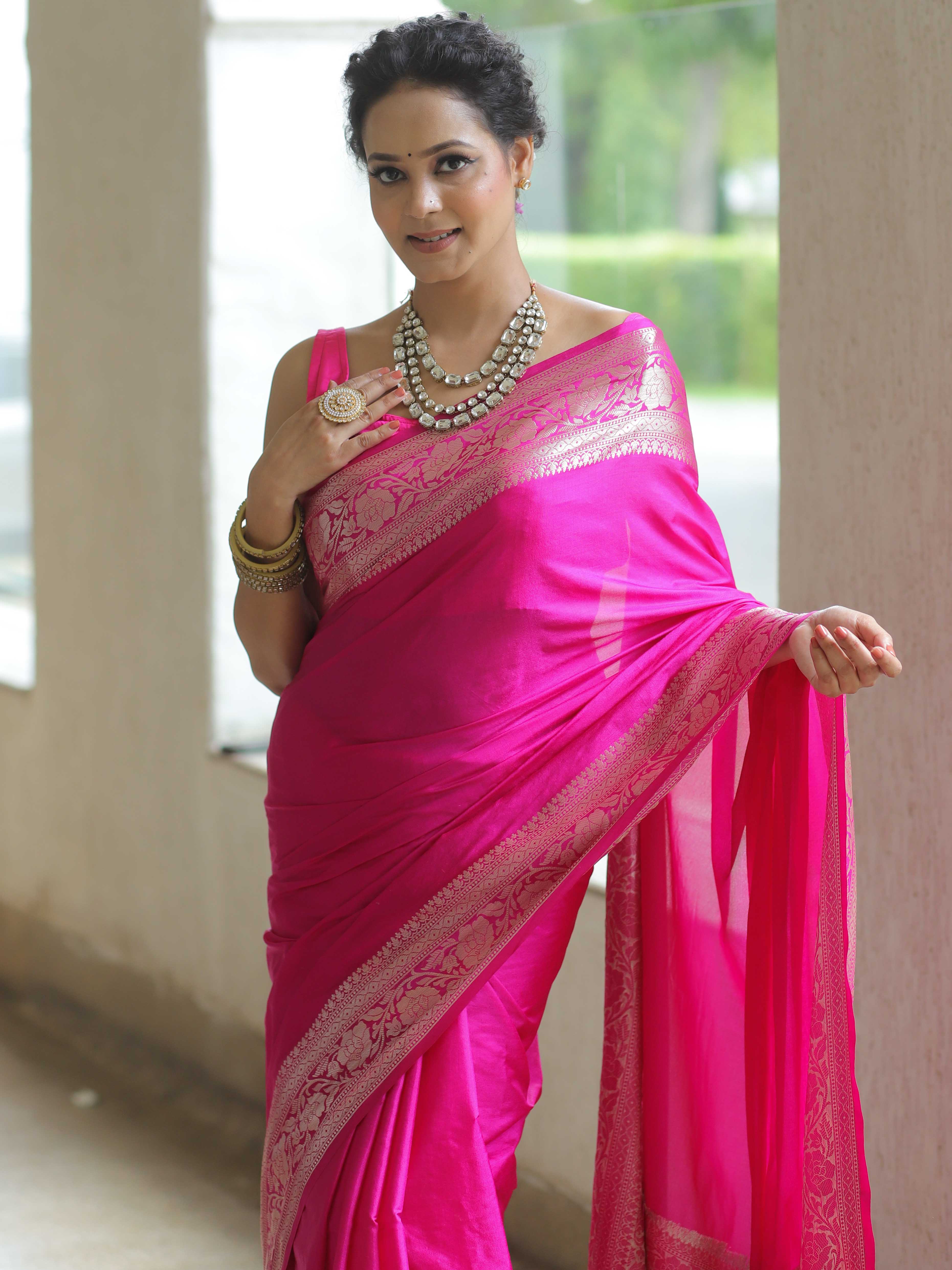 Banarasee Handwoven Semi Silk Saree With Silver Zari Border-Pink