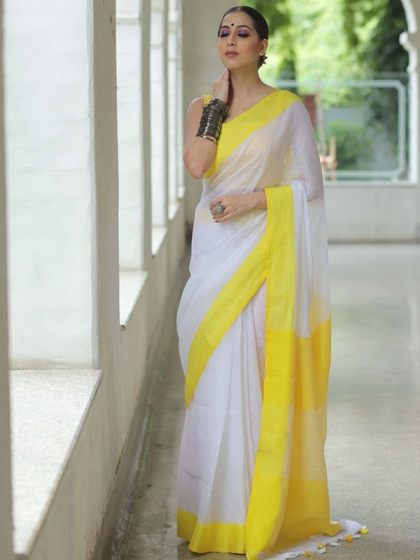 Banarasee Handloom Pure Linen Saree With Contrast Border-White & Yellow
