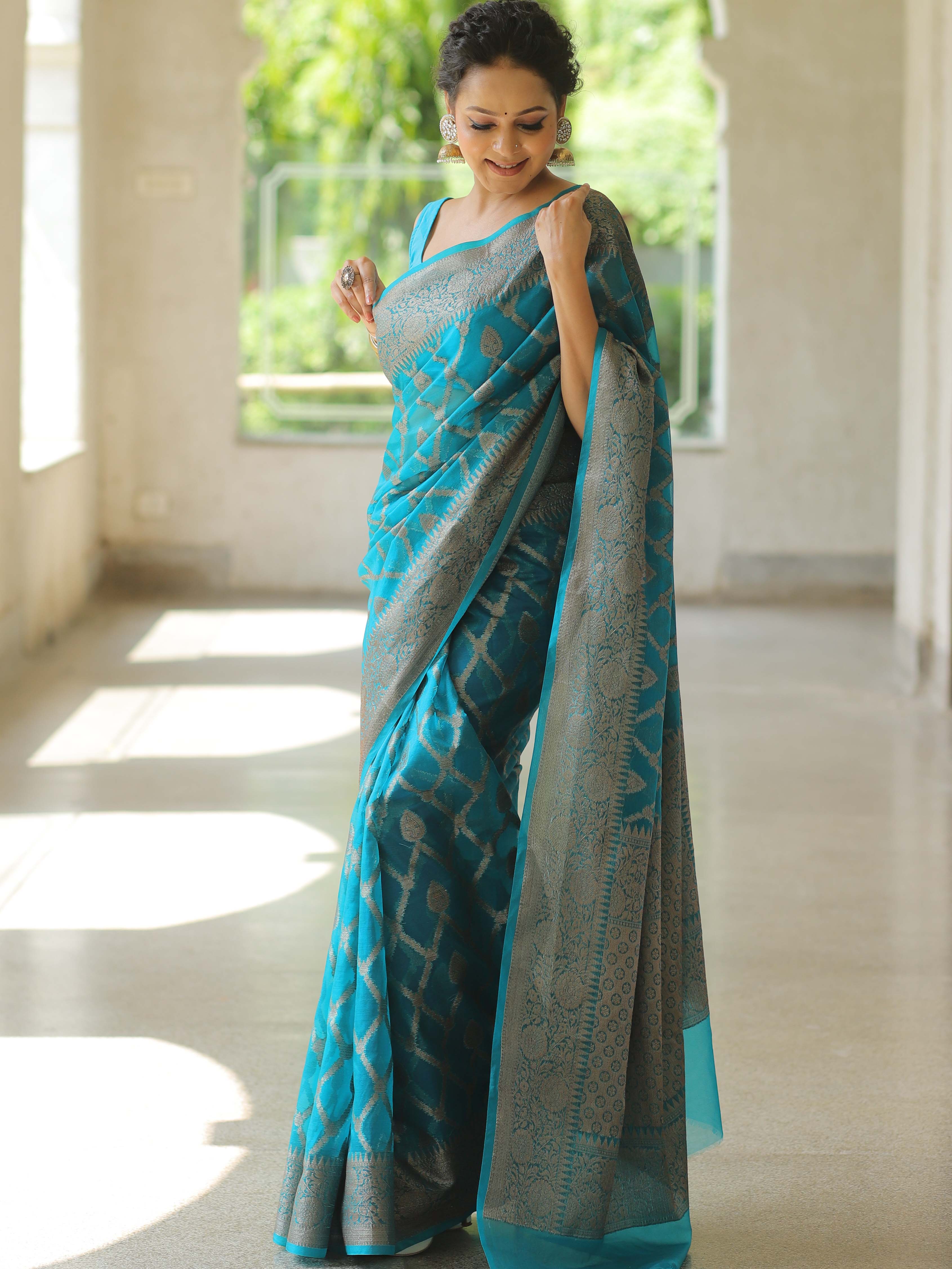 Banarasee Organza Mix Saree With Antique Zari Work-Teal Blue