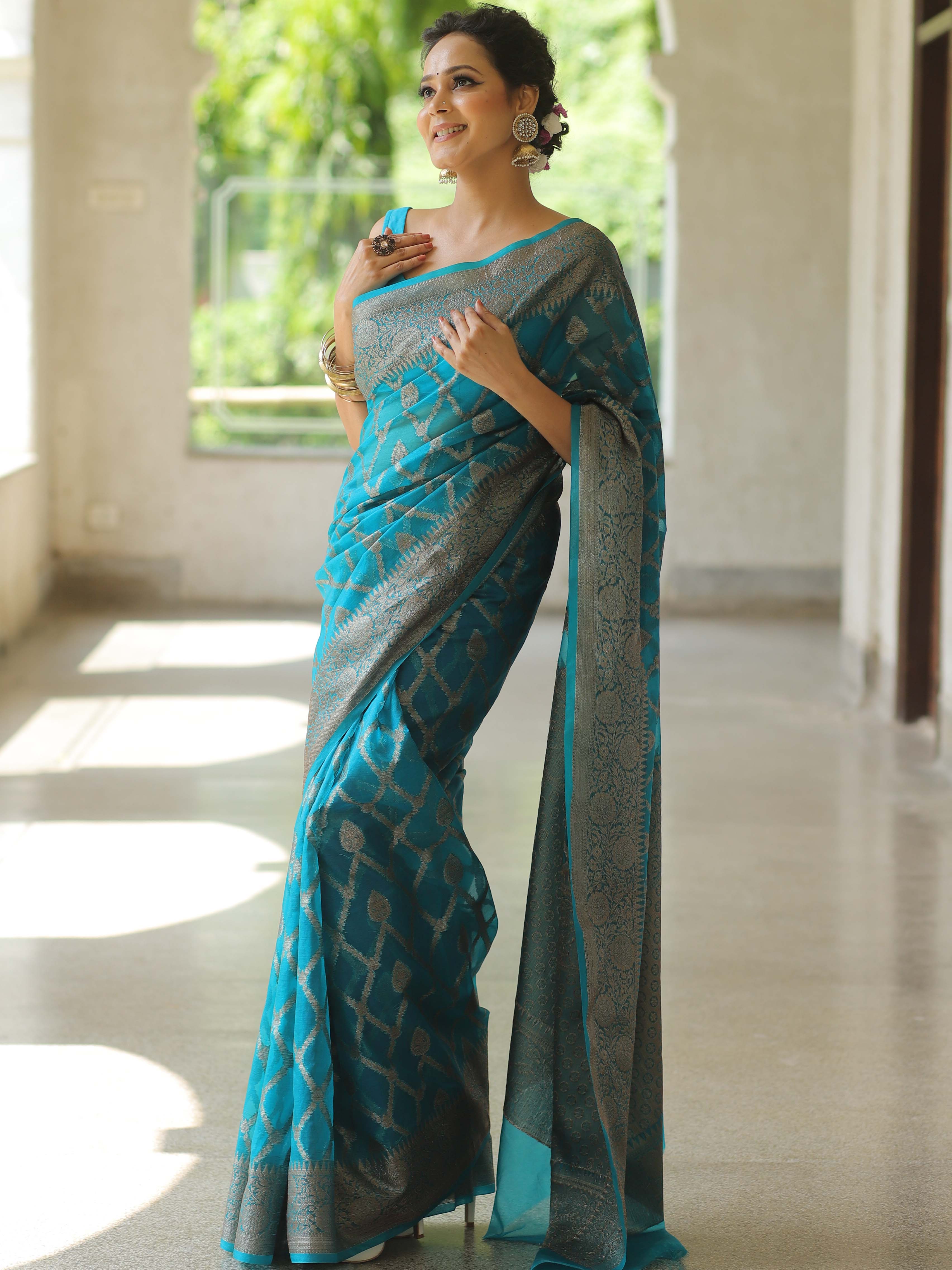 Banarasee Organza Mix Saree With Antique Zari Work-Teal Blue