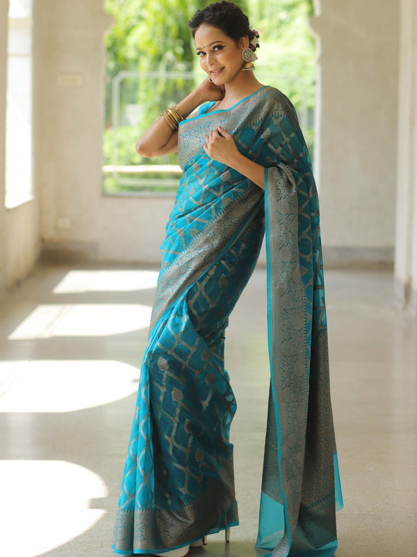 Banarasee Organza Mix Saree With Antique Zari Work-Teal Blue