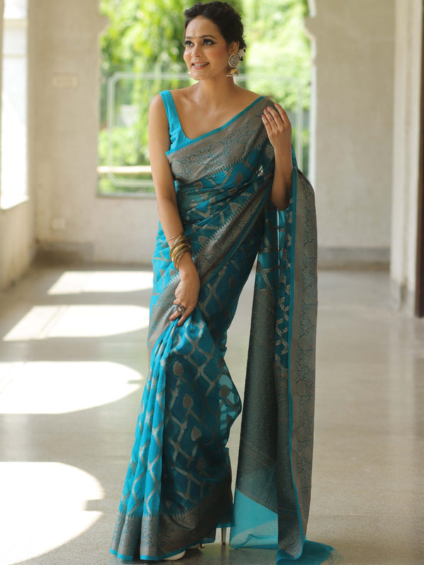 Banarasee Organza Mix Saree With Antique Zari Work-Teal Blue