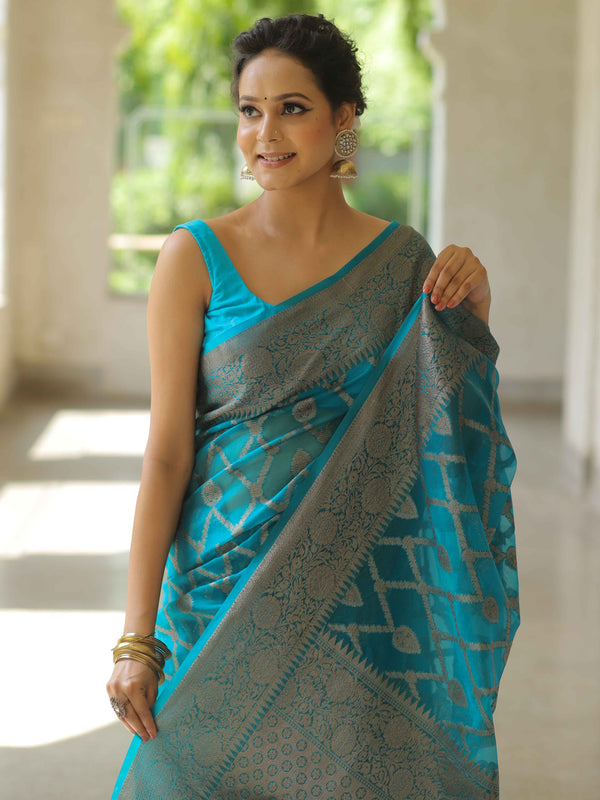 Banarasee Organza Mix Saree With Antique Zari Work-Teal Blue