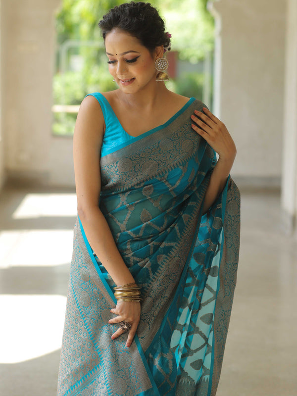Banarasee Organza Mix Saree With Antique Zari Work-Teal Blue