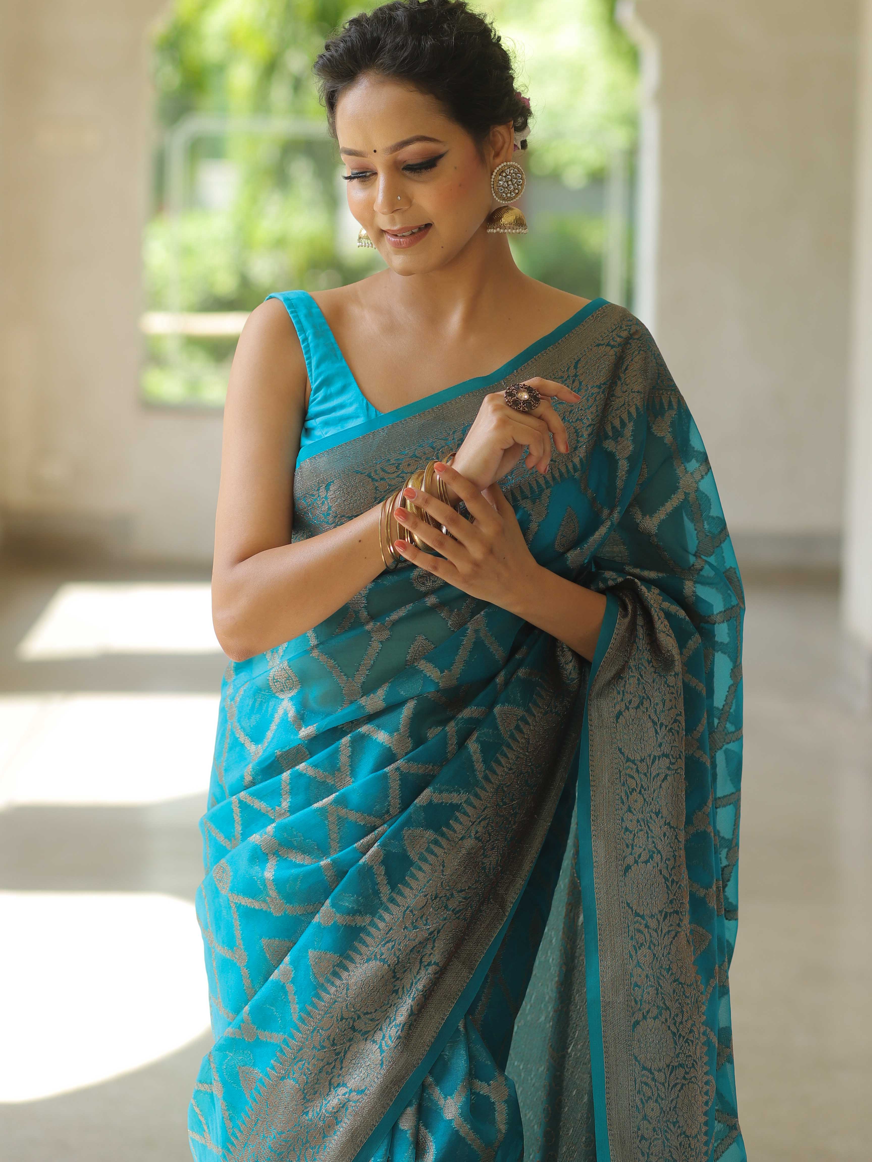 Banarasee Organza Mix Saree With Antique Zari Work-Teal Blue