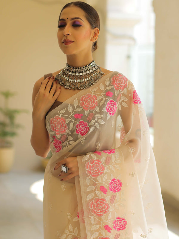 Banarasee Pure Organza Silk Saree With Floral Resham Embroidery-Off-white