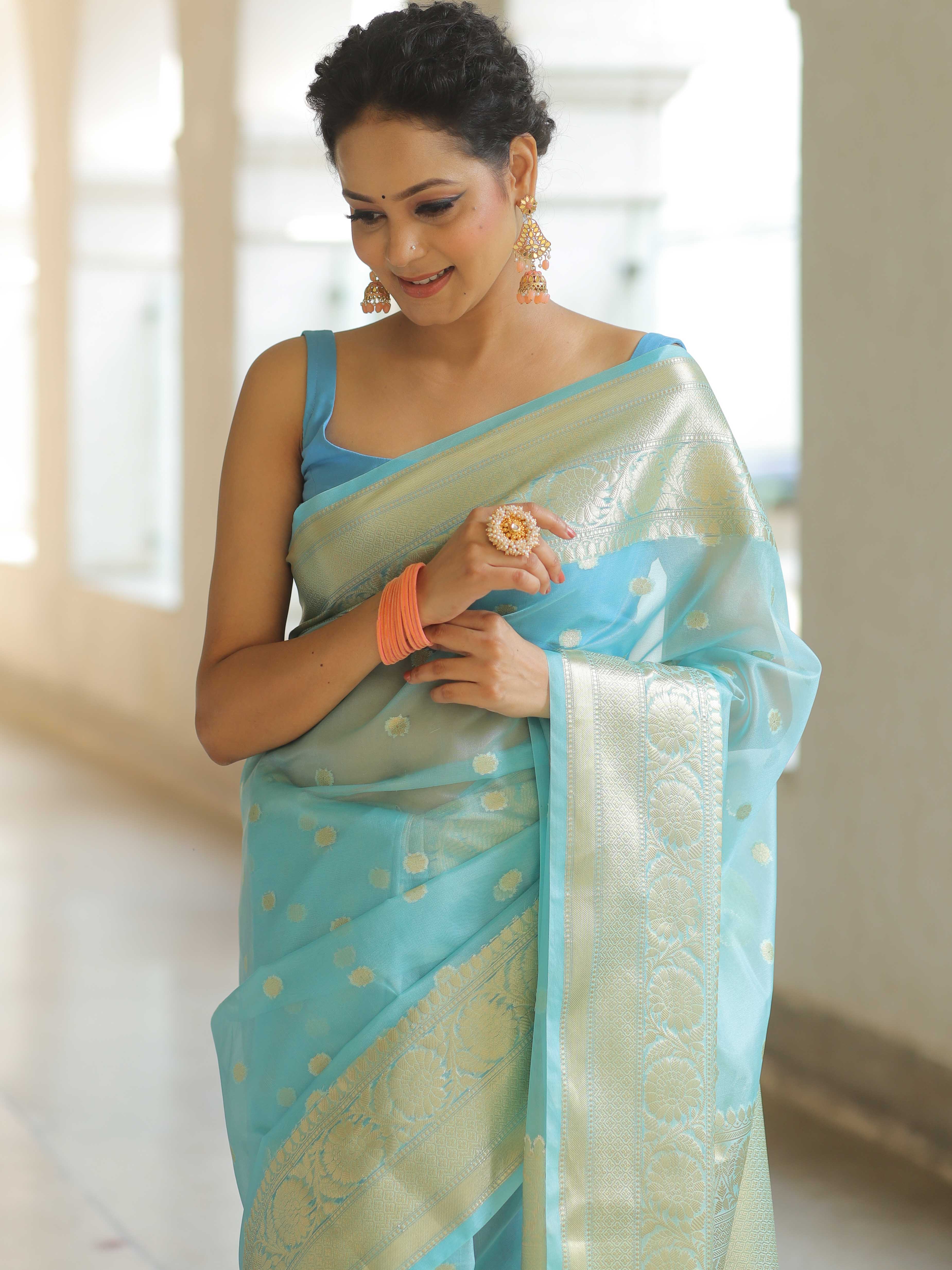 Banarasee Organza Mix Saree With Zari Buti & Border-Light Blue