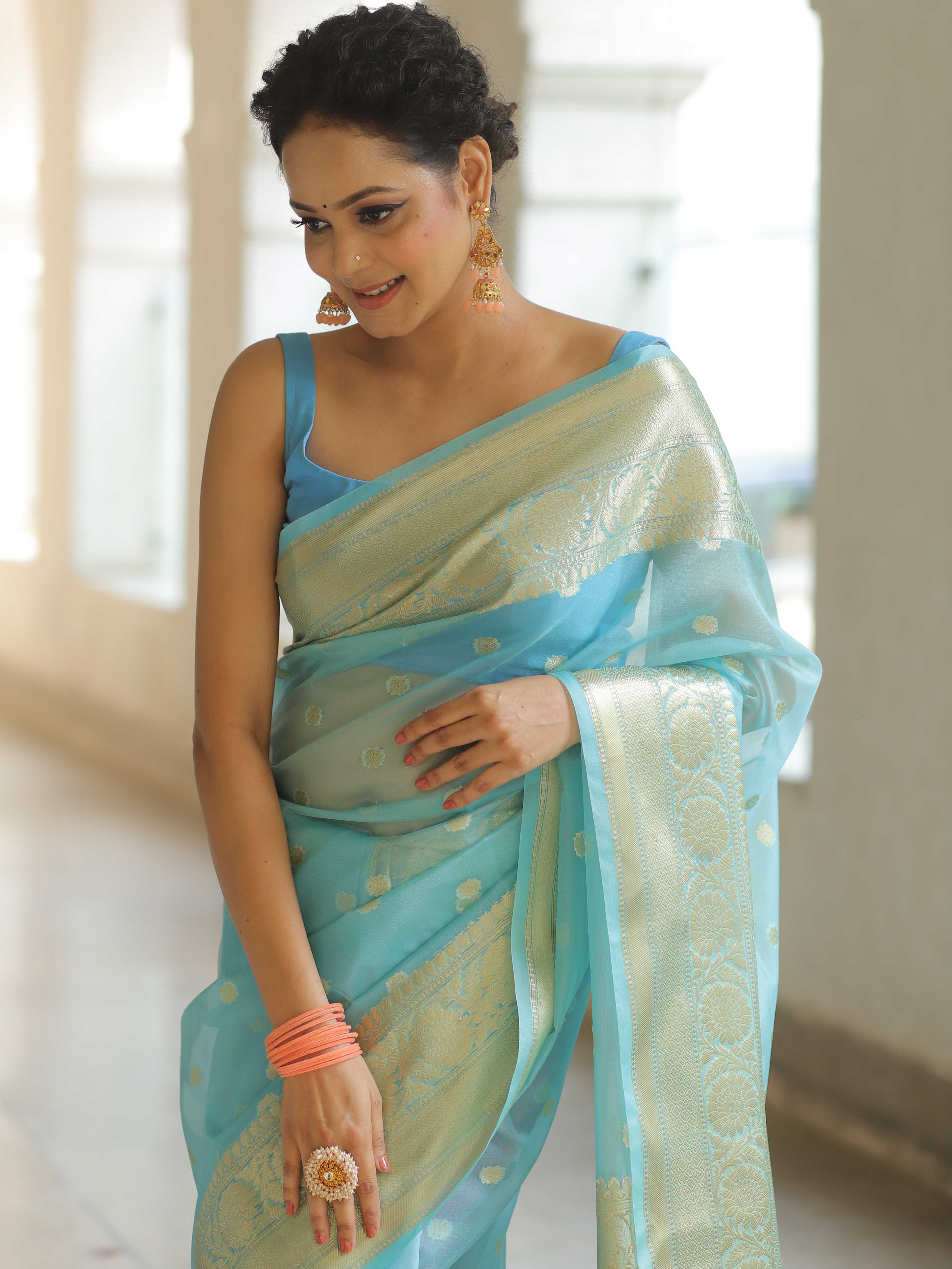 Banarasee Organza Mix Saree With Zari Buti & Border-Light Blue