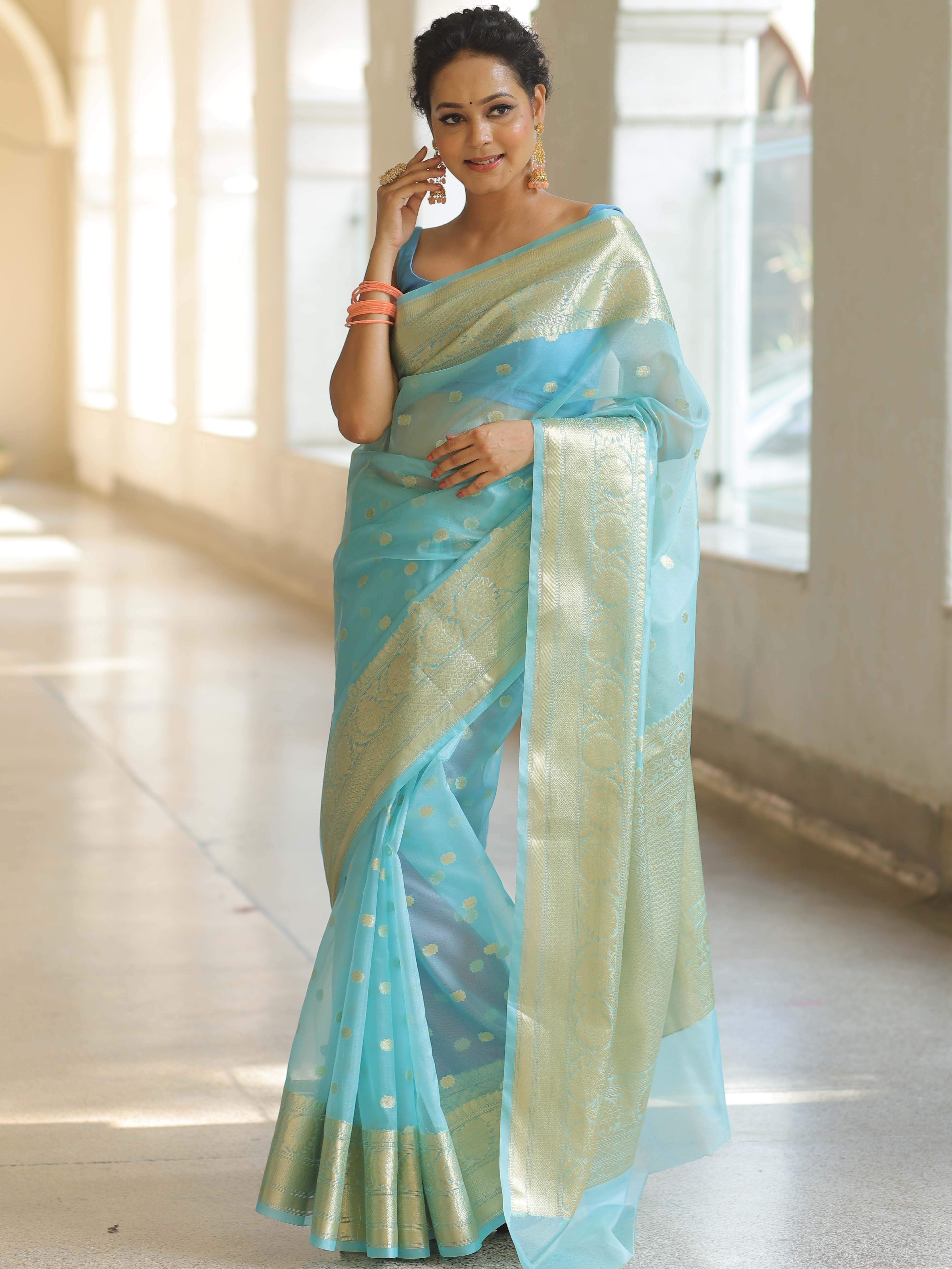 Banarasee Organza Mix Saree With Zari Buti & Border-Light Blue