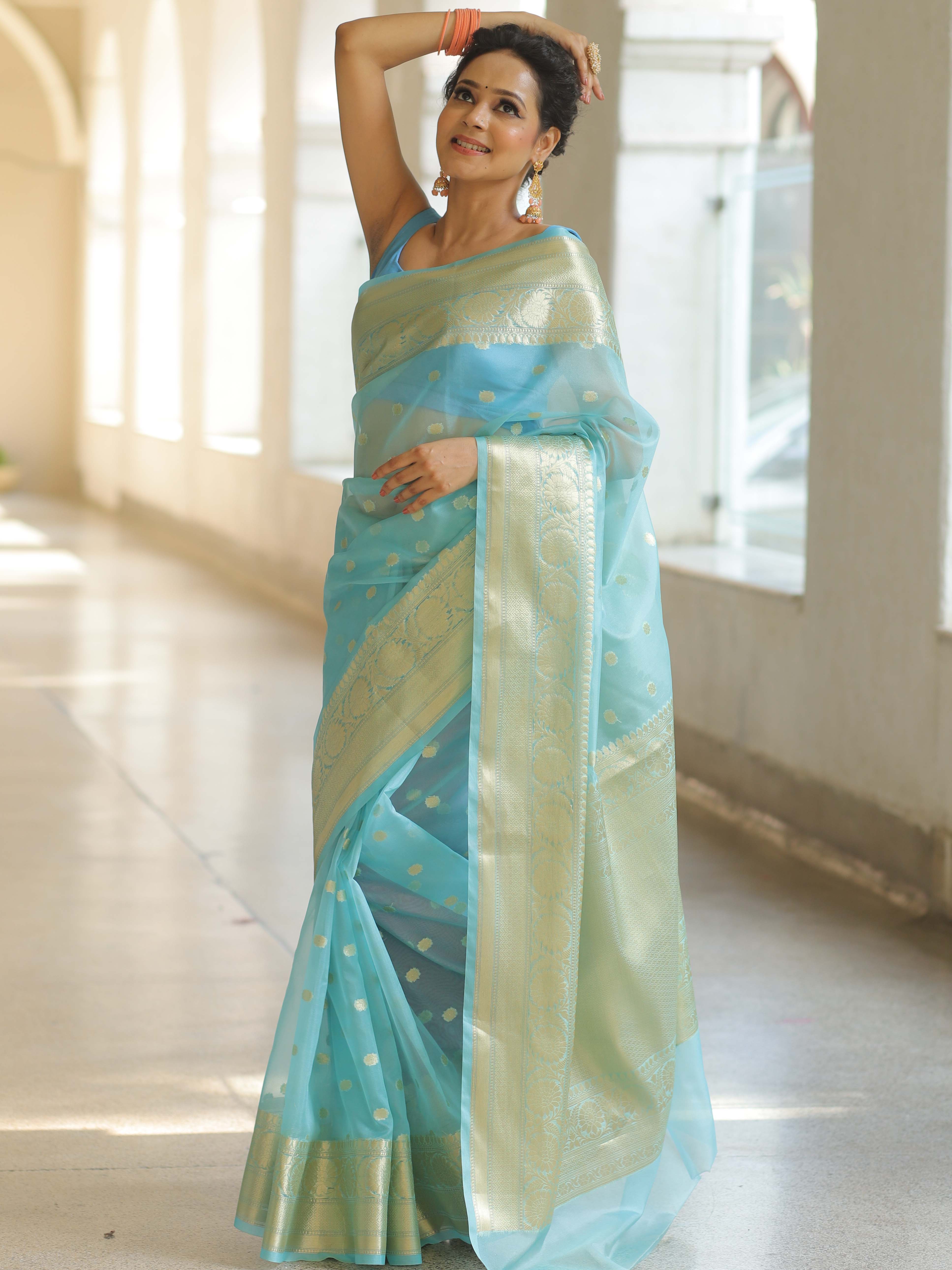 Banarasee Organza Mix Saree With Zari Buti & Border-Light Blue