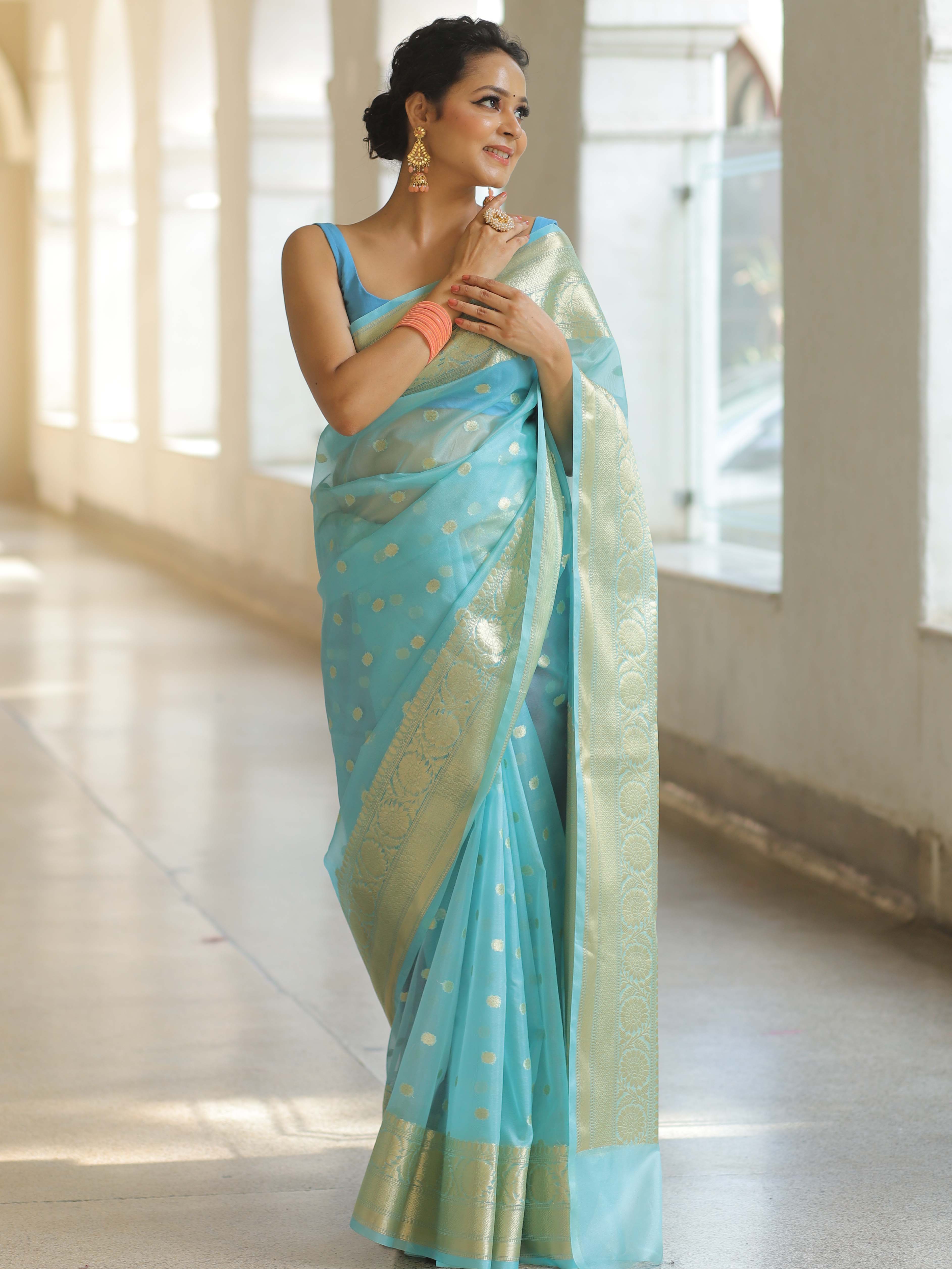Banarasee Organza Mix Saree With Zari Buti & Border-Light Blue