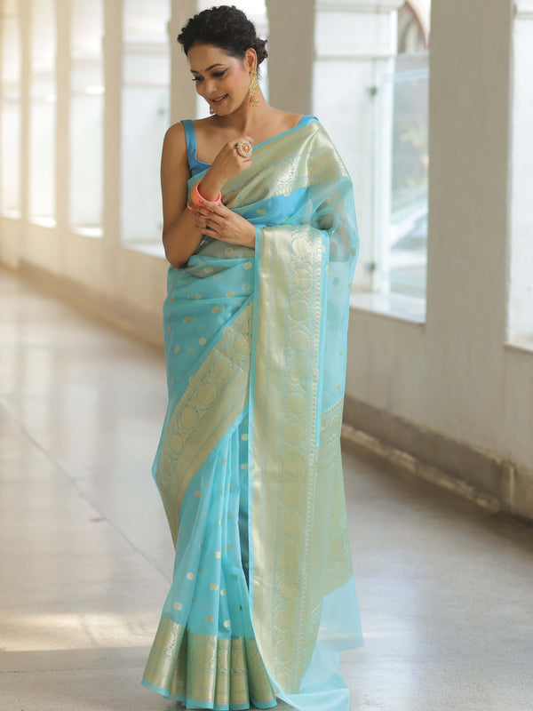 Banarasee Organza Mix Saree With Zari Buti & Border-Light Blue